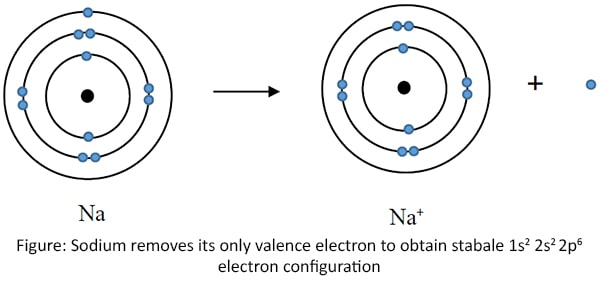 Sodium removes its only valence electron to obtain stabale 1s2 2s2 2p6 electron configuration